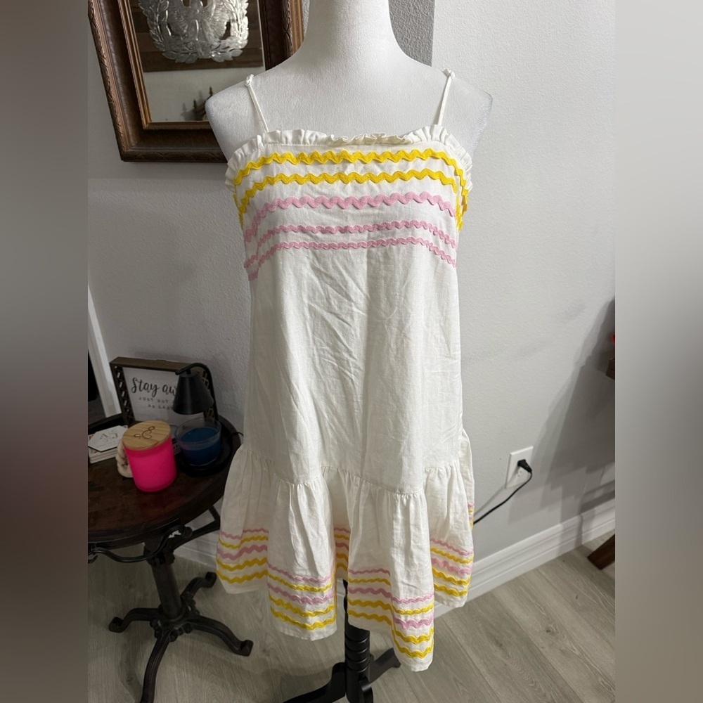 Lisa Marie Fernandez White Dress with Pink and Yellow Zigzags